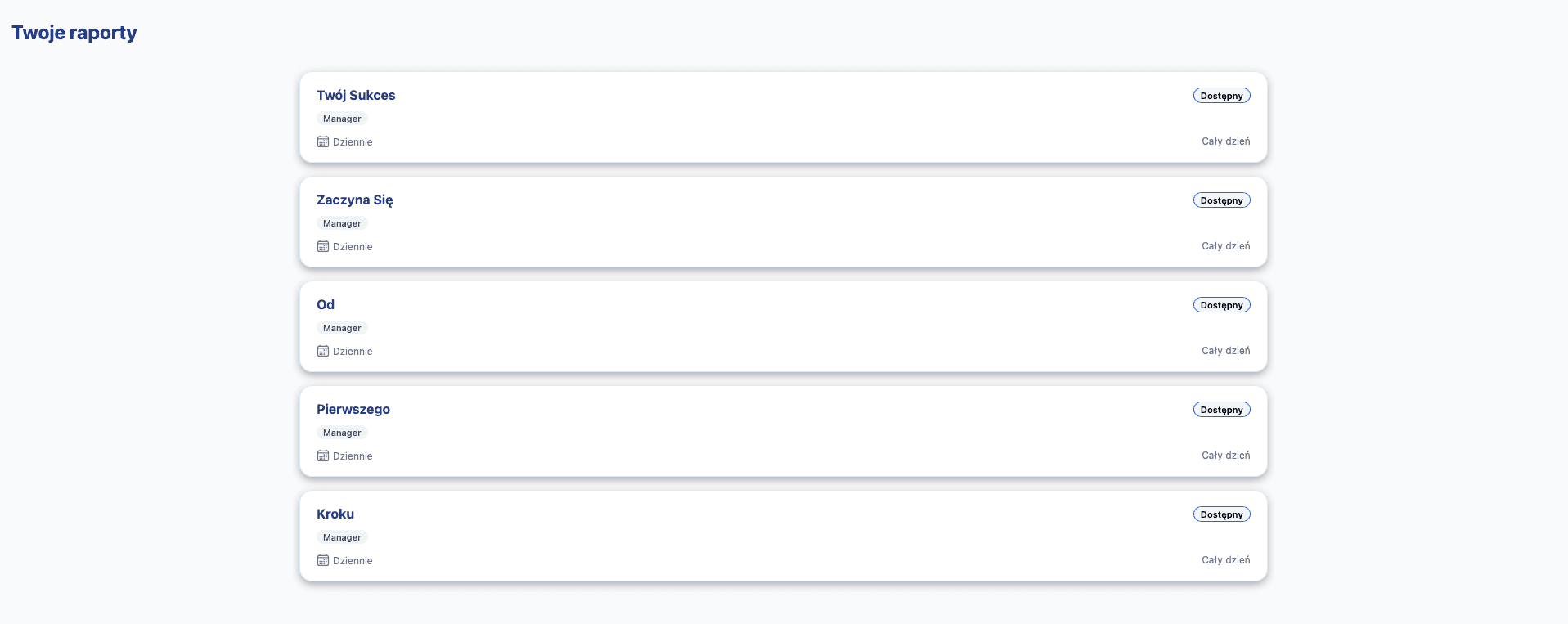 Ekran główny aplikacji z raportami - Twój Sukces Zaczyna Się Od Pierwszego Kroku