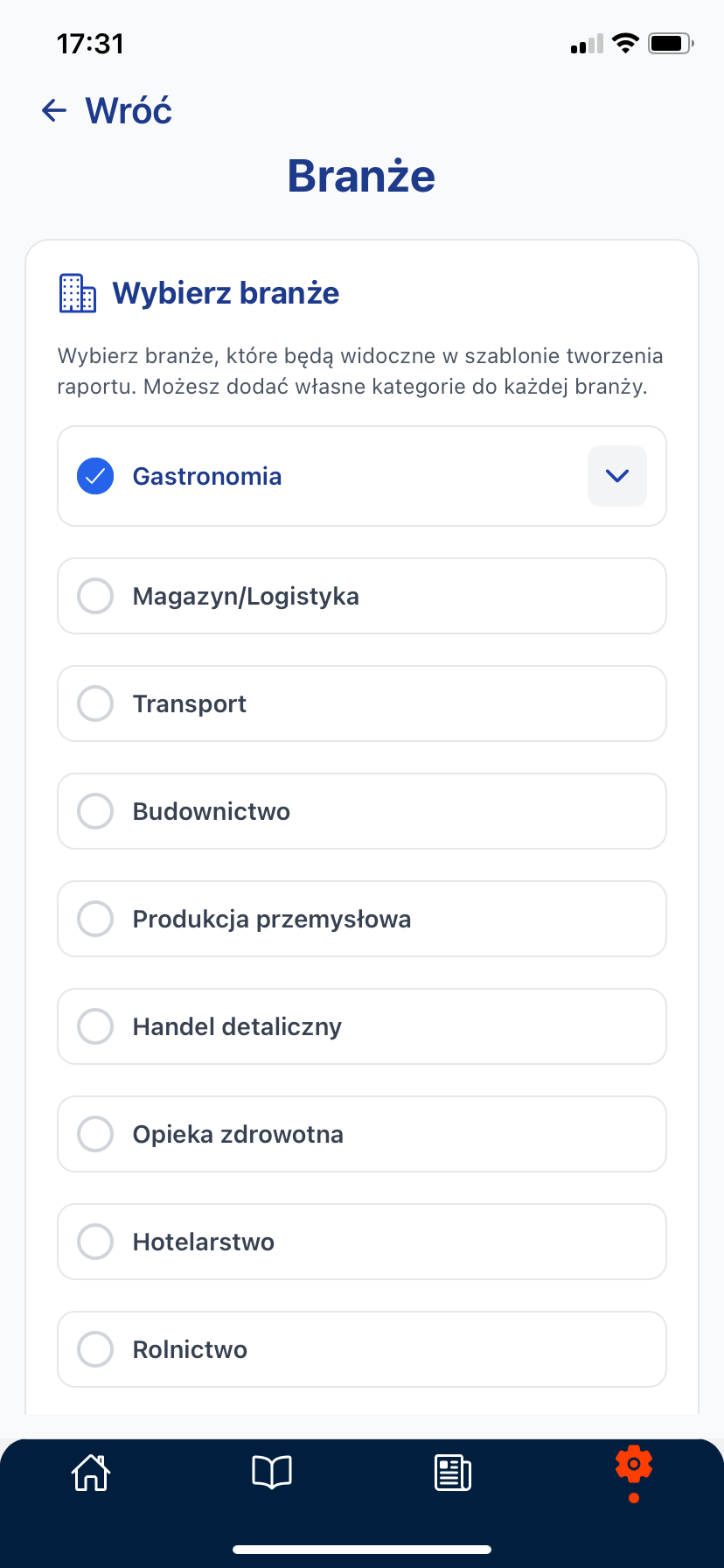 Branże i kategorie – biblioteka pytań – ekran 1