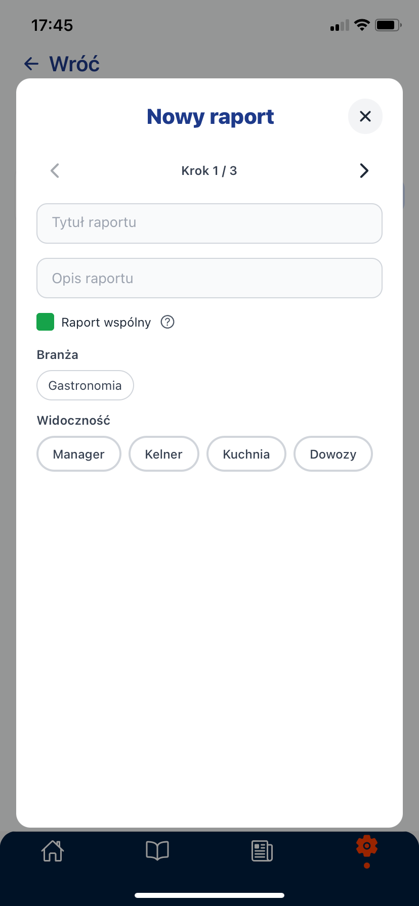 Tworzenie raportu krok po kroku – ekran 1